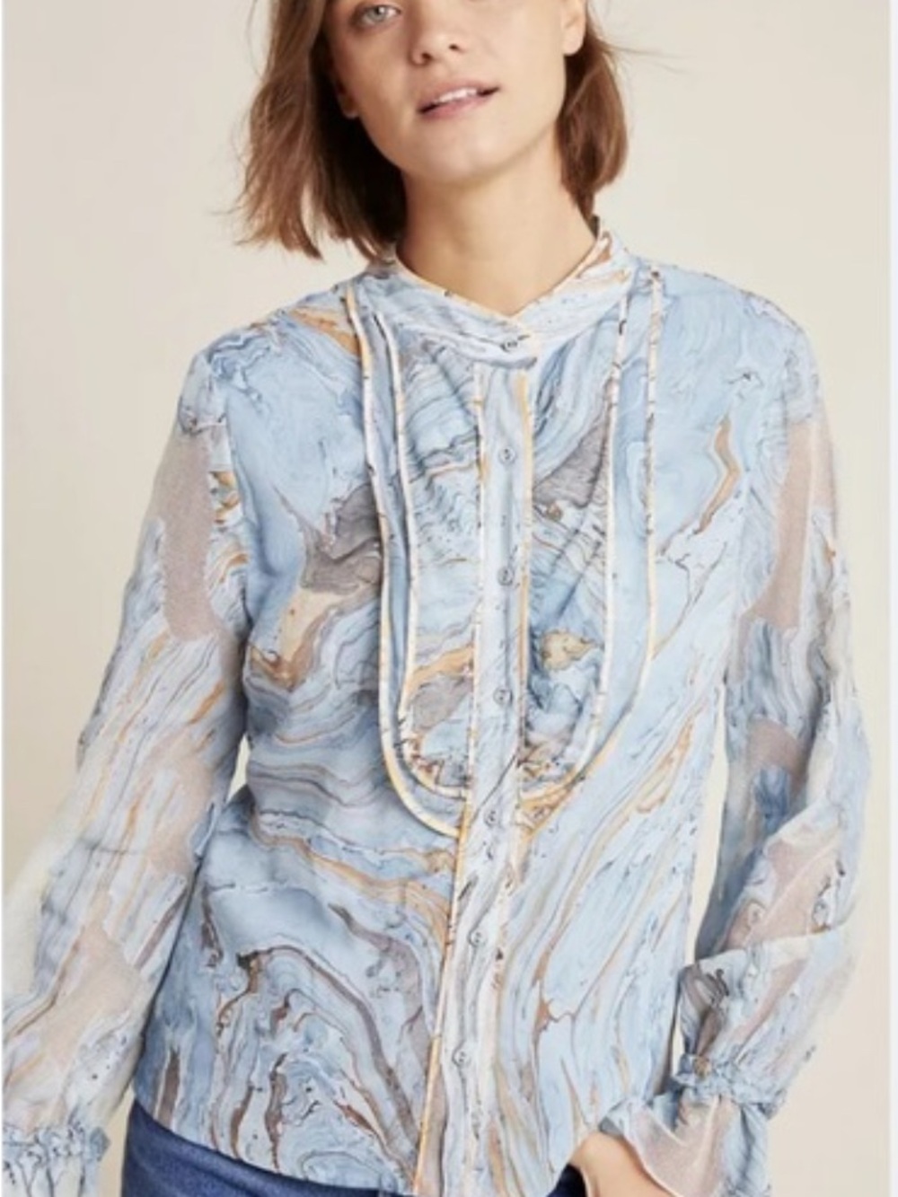Geisha Designs by Anthropologie Marble-Print Blue & Cream Tie-Neck Blouse